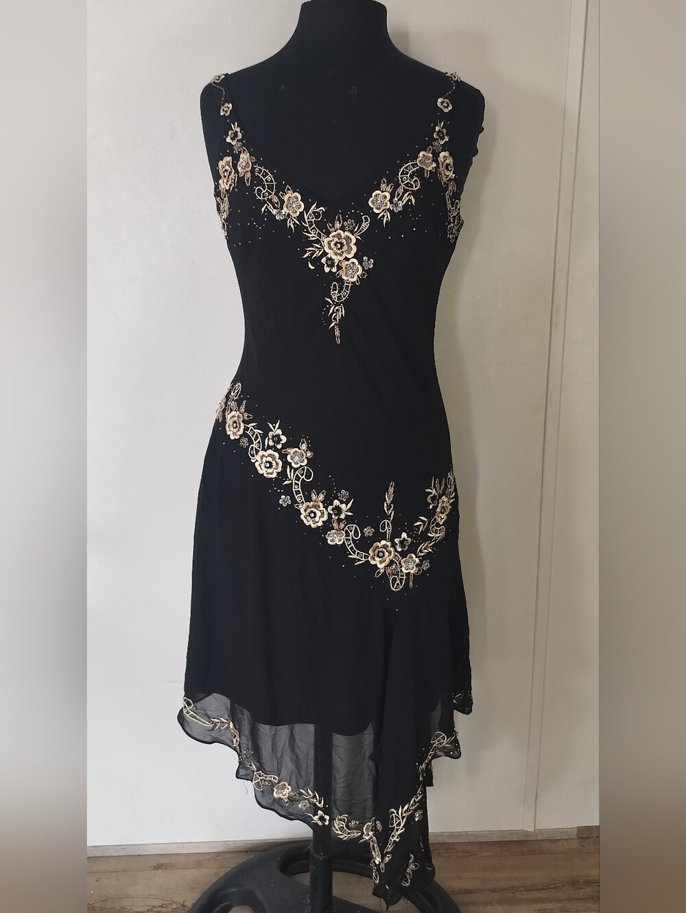R&M Richards Black Slip Dress with Cream & Gold Floral Embroidery